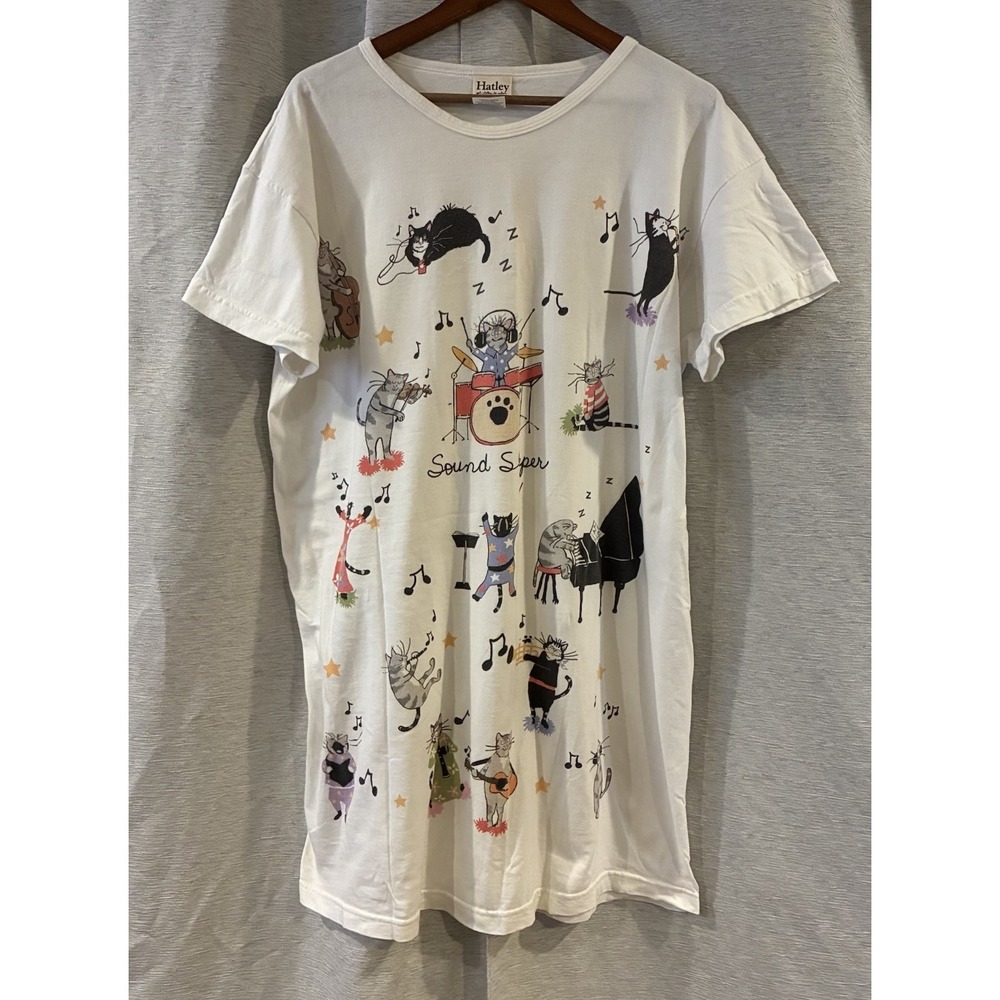 Vintage Hatley Cat Graphic Pajama T-Shirt Grandma Core Sleepshirt White One Size